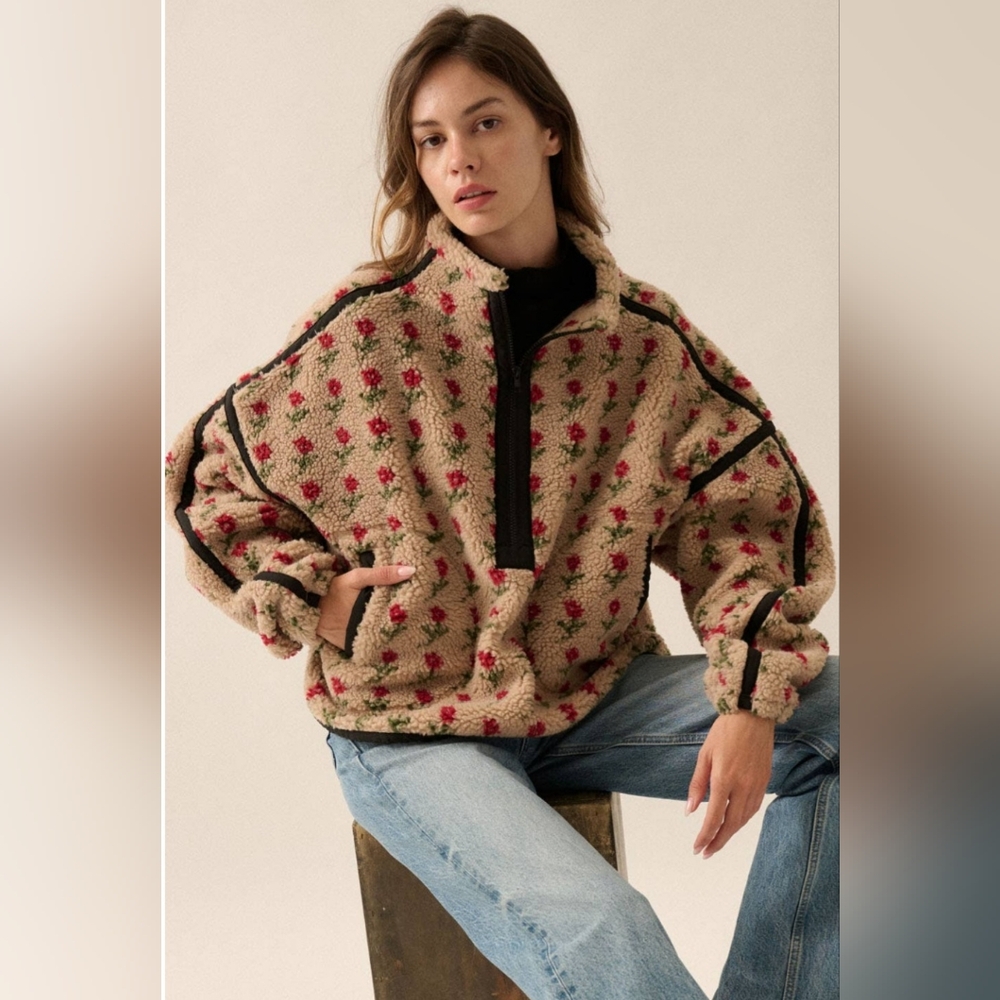 Promesa Floral Print Fleece Half Zip Pullover Jacket - Picture 4 of 10